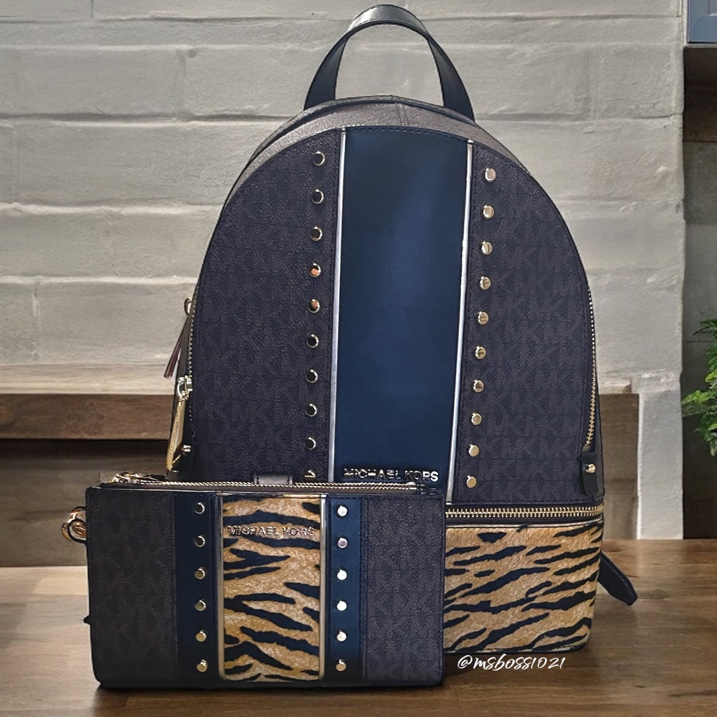 Micheal Kors Rhea Studded Logo And Tiger Print Calf Hair Backpack + Wallet Nwt